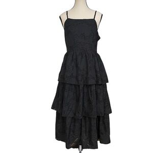 Woman's Goth Black Spaghetti‎ Strap Tiered Ruched Textured Lined Maxi Dress